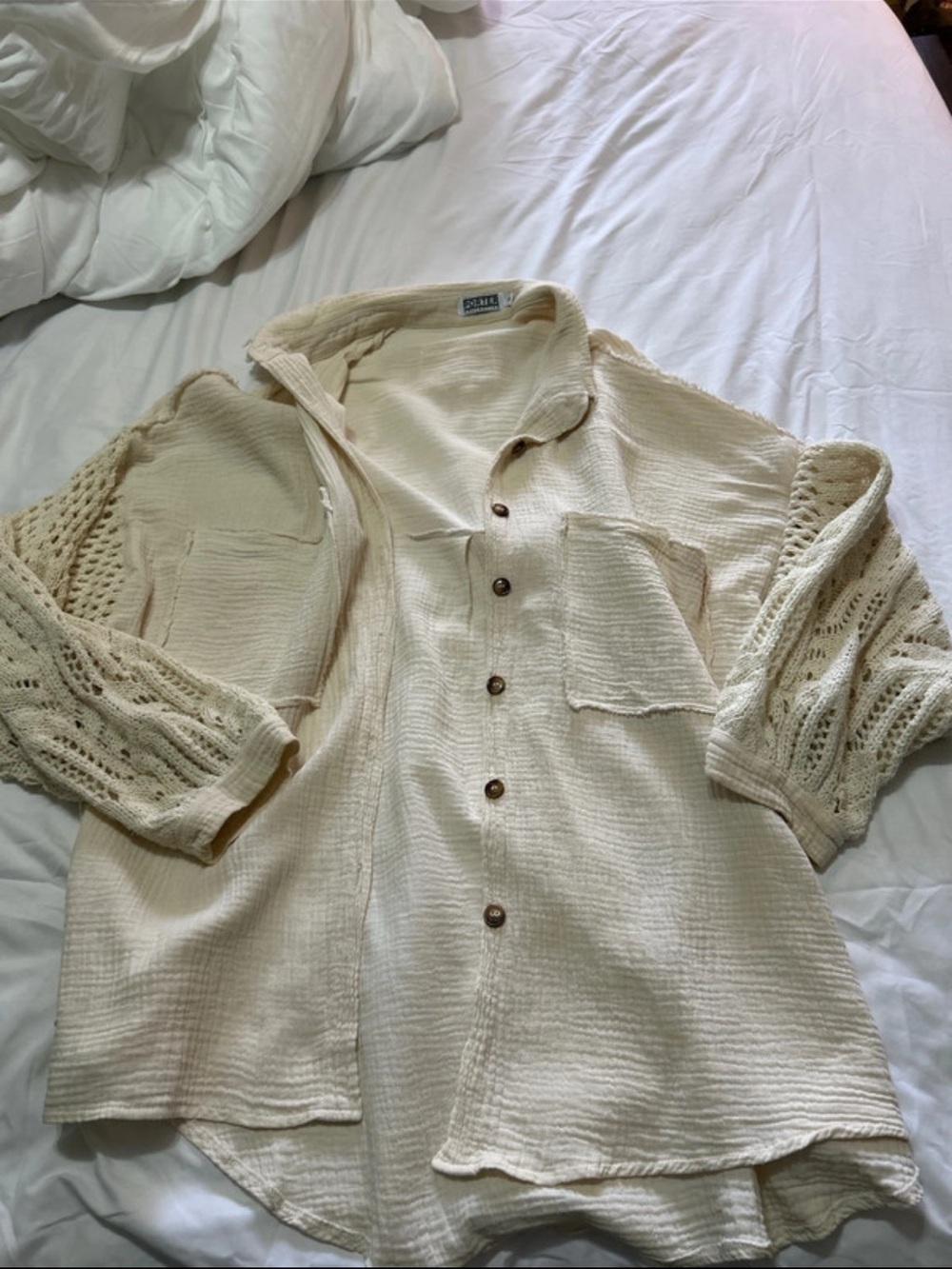 Women's Cream Button-Front Crochet Sleeve Cardigan Shirt